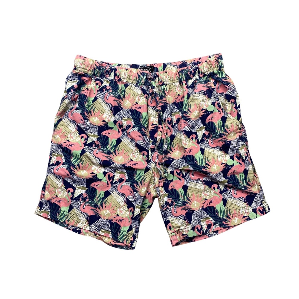 Massive Mens Flamingo Tropical Print Cotton Shorts Blue Pink Sz M Fits 29.5"-30"